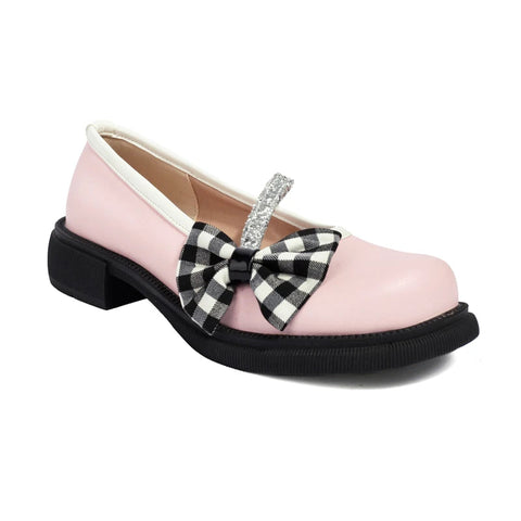- Blue Pink White Lolita Style Sweet Girls Student Mary Jane Shoes Women Round Toe Platform Plaid Bow JK Uniform Flats Loafers 42