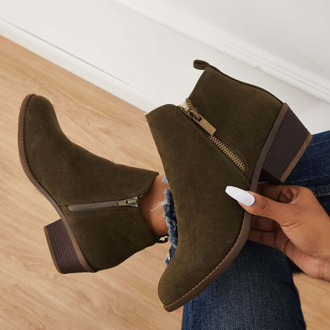 Chunky Block Heel Ankle Boots Side Zipper Booties