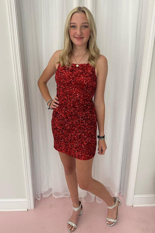 Stylish Sheath Spaghetti Straps Golden Sequins Short Homecoming Dress