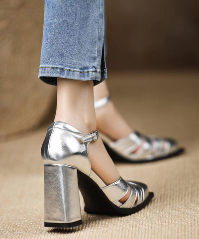 Style Gold Sandals Chunky Heel Hollow Out