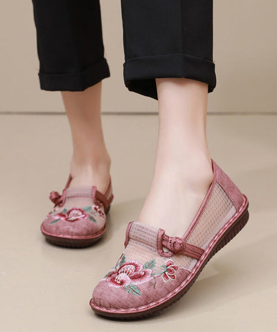 Rosa atmungsaktive Mesh-Schuhe mit handgemachter Stickerei und Plattfüßen