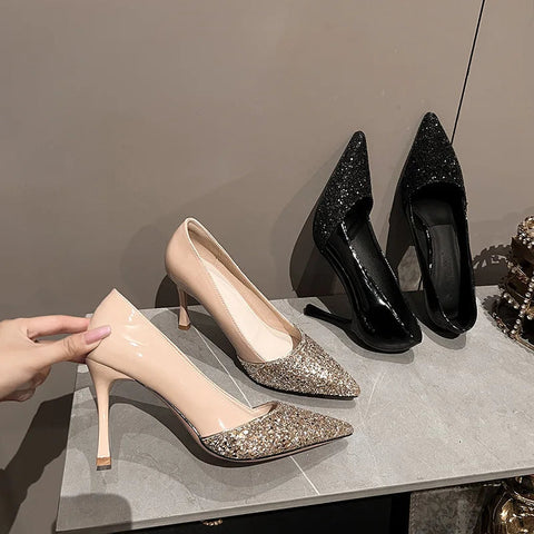 High Heel Women's 2024 New Sequin Nude Color Splicing Sexy Pointed Thin Heels Not Tiring Feet Banquet Wedding Shoes