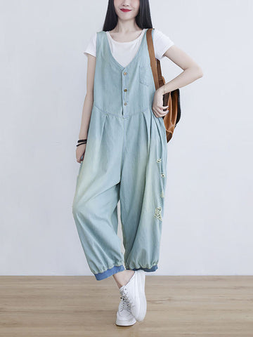 Women Summer Solid Frayed Pleat Pocket Vest Denim Jumpsuits