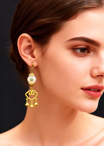 Fine White Jade Auspicious Clouds Small Bell Drop Earrings