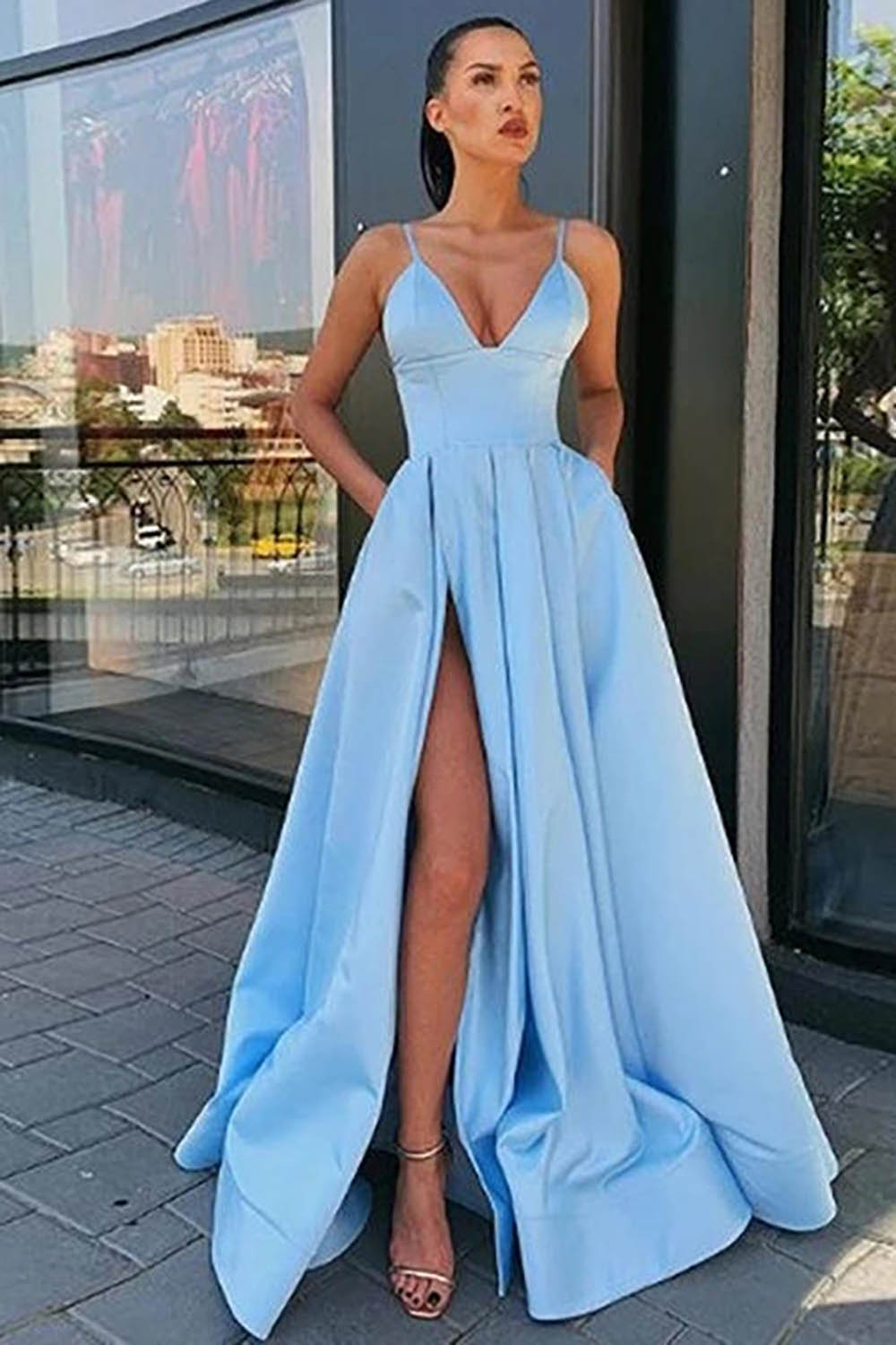 A Line Spaghetti Straps Black Long Prom Dress with Silt