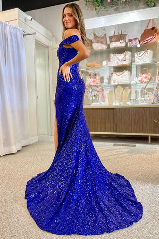 Undeniably Amazing Mermaid Off the Shoulder Royal Blue Sequins Long Prom Dress with Silt