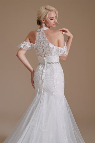 Halter V-Neck Mermaid Lace Wedding Dress Long On Sale