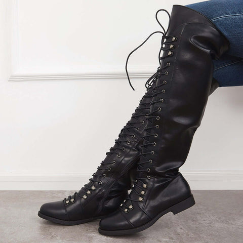 Chunky Heel Lace Up Over The Knee Thing High Riding Boots