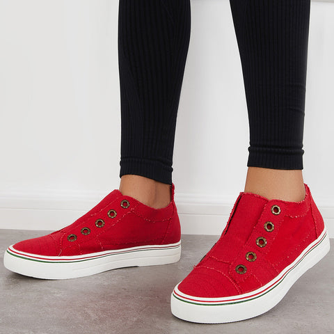 Rote Slipper aus Segeltuch, flache Wanderschuhe