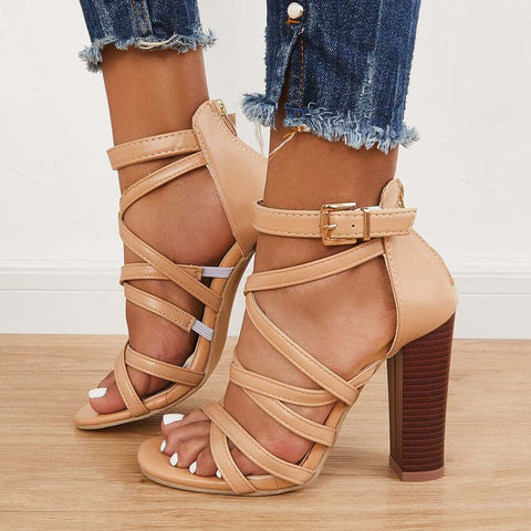 Criss Cross Chunky Block High Heels Ankle Strap Sandals