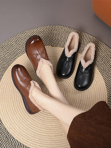 Women Winter Vintage Fleeced Leather Flat Shoes