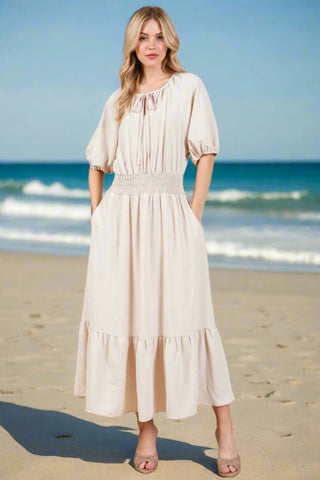 Tie Neck Puff Sleeve Beach Resort Maxi Dress