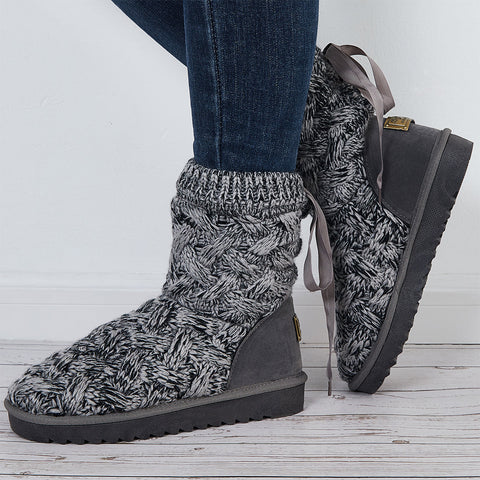 Knit Splicing Warm Ankle Boots Lace Up Winter Short Booties