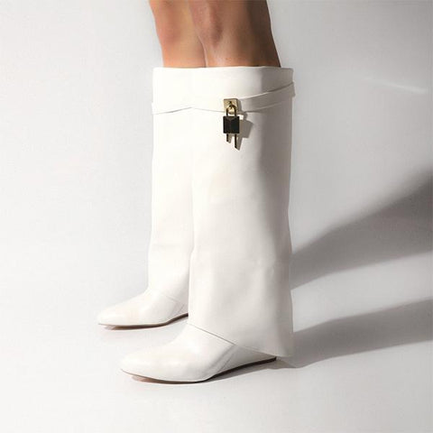 Women Pointed Toe Fold Over Wedge Heel Knee High Boots
