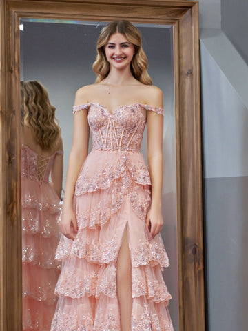 Princess A Line Off the Shoulder Corset Prom Dress with Lace Ruffles