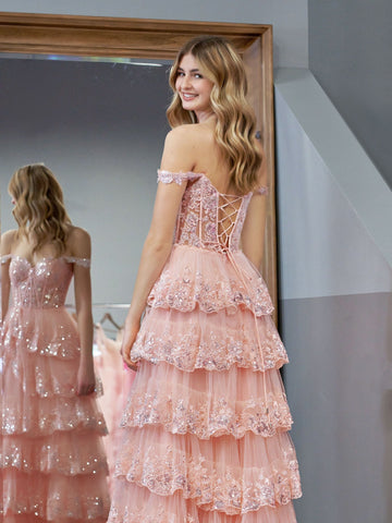 Princess A Line Off the Shoulder Corset Prom Dress with Lace Ruffles