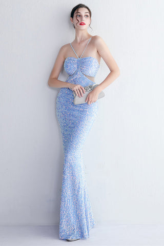 Mermaid Halter Black Sequins Long Prom Dress with Keyhole