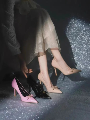 Naked Bow High Heels 2024 Summer New Style Celebrity Sharp Toe Lacquer Leather Thin Heels Shallow Mouth Single Shoes