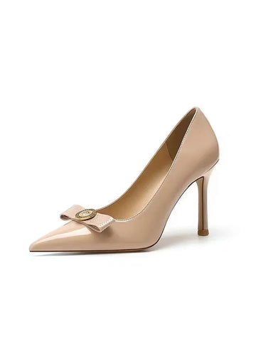 Naked Bow High Heels 2024 Summer New Style Celebrity Sharp Toe Lacquer Leather Thin Heels Shallow Mouth Single Shoes