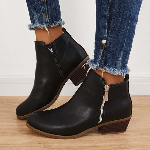 Chunky Block Heel Ankle Boots Side Zipper Booties