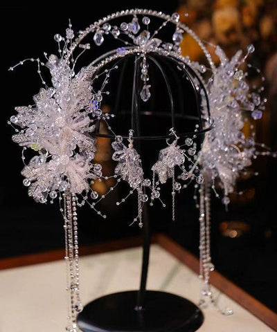 Fashion White Alloy Crystal Tassel Crown And Drop Earrings Two-Piece Set