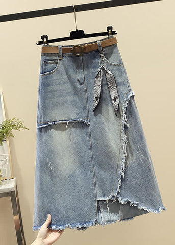 Modern Light Blue High Waist Asymmetrical Sashes Pendant Pockets Cotton Denim Skirt Summer