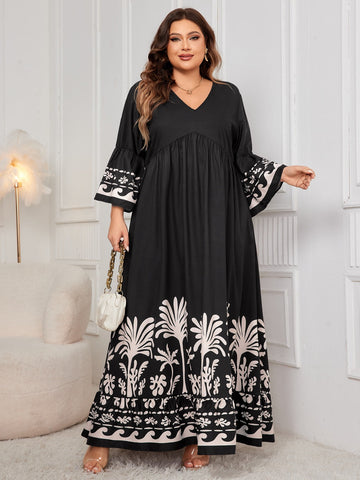 Bedrucktes Maxikleid mit V-Ausschnitt und langen Ärmeln in Übergröße
