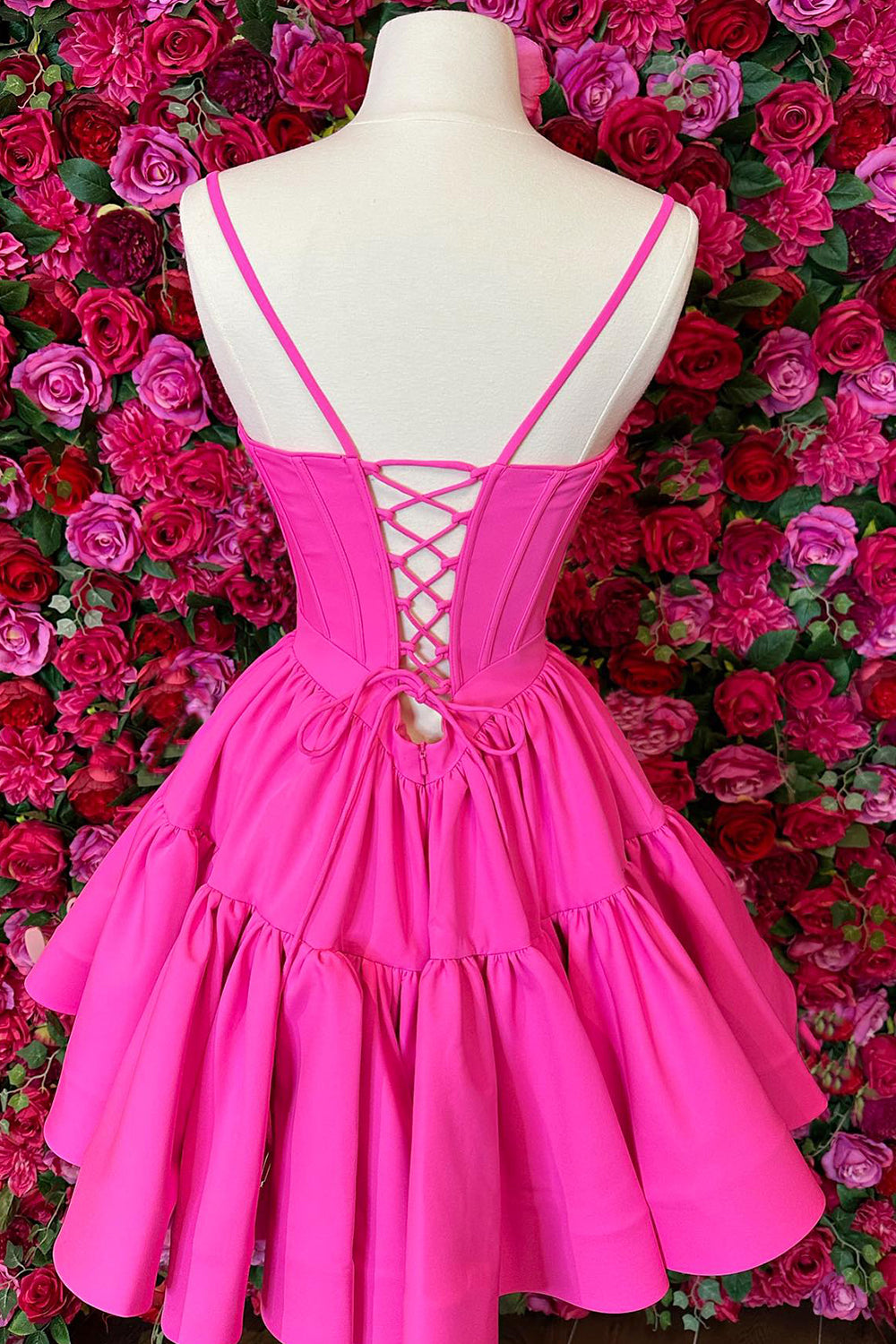 Cute A Line Spaghetti Straps Hot Pink Short Homecoming Dress with Criss Cross Back