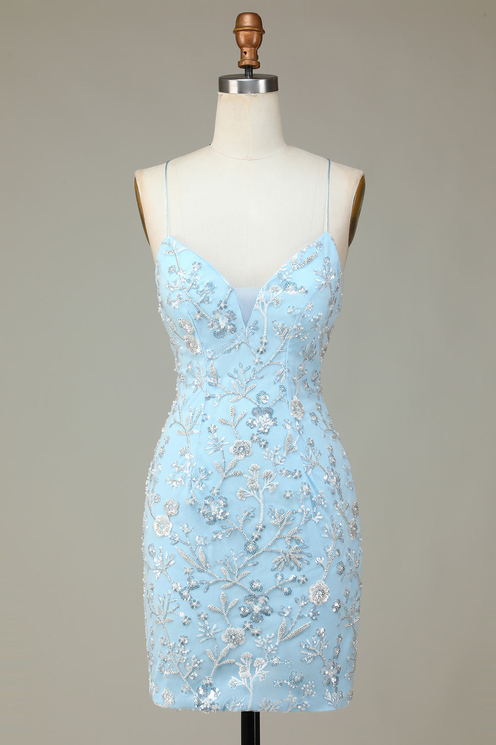Stylish Bodycon Spaghetti Straps Light Blue Short Homecoming Dress with Beaded