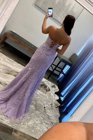 Black Corset Sweetheart Long Lace Prom Dress with Slit