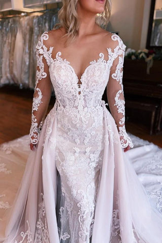 Long Sleeves Lace Wedding Dress Mermaid Overskirt On Sale
