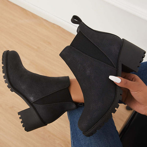 Faux Leather Chelsea Lug Boots Slip-On Chunky Heel Ankle Booties