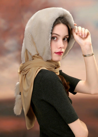Damen Winter Beige Nerz Haar Schal Integrierte Mütze Neu