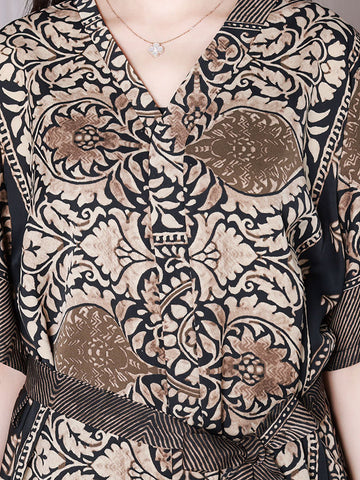 Women Retro Flower Irregular Hem Drawstring Wide-leg Shirt+Pants