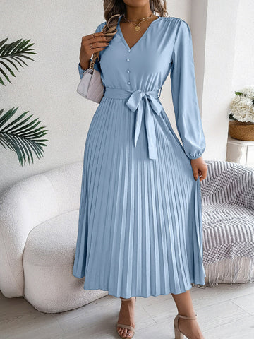 Plissiertes, gebundenes Midikleid mit V-Ausschnitt und langen Ärmeln