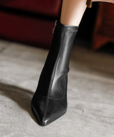 Style Elegant Splicing Chunky Boots Black Pointed Toe