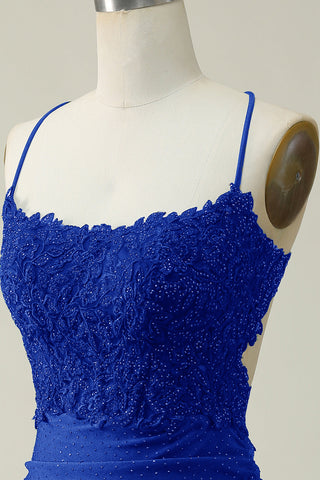 Stylish Sheath Spaghetti Straps Royal Blue Short Homecoming Dress with Appliques