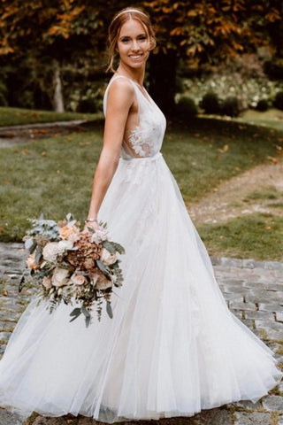 Bmbridal V-Neck Tulle Wedding Dress Appliques Sleeveless Online