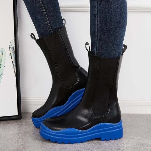 Platform Lug Sole Mid Calf Chelsea Boots Chunky Block Heel Booties