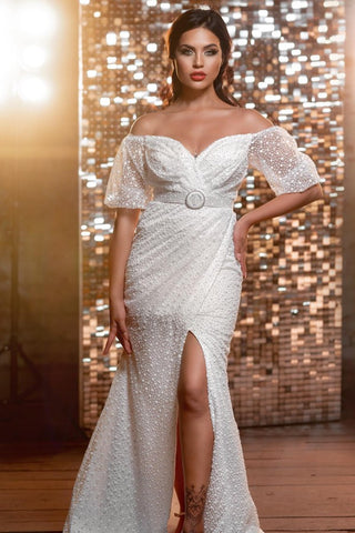 Short Sleeves Mermaid Slit Wedding Dress With Detachable Skirt