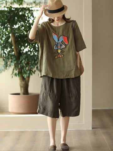 Women Summer Vintage Solid Spliced Pocket Loose Linen Pants