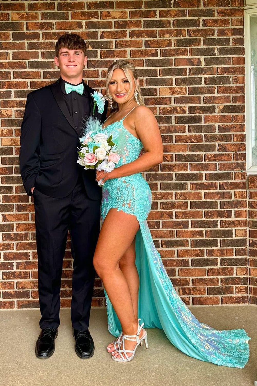 Red Spaghetti Straps Appliques Prom Dress with Slit