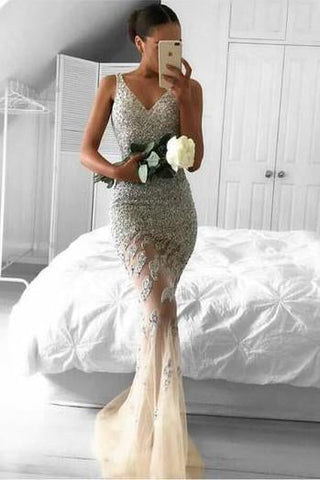 Tulle Beaded Long Mermaid V neck Lace Party Dresses, Long Prom Dress