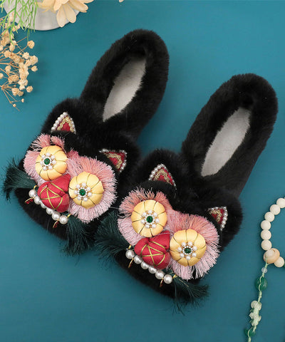 Rosa Retro Nagelperlen Spleißen Flache Schuhe Flauschige Wolle Gefüttert