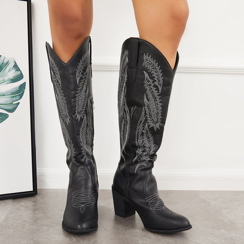 Embroidered Western Cowboy Boots Chunky Heel Knee High Riding Boots