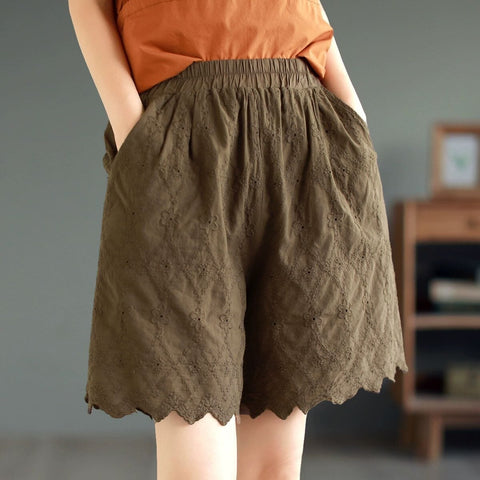 Summer Retro Embroidery Trim Solid Cotto Shorts