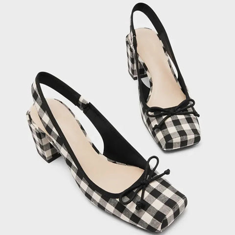 New DesignWomen Chunky Heeled Sandals Retro SquareToe Mary JanesPumpsSlingbacks Spring Summer High Heels  Plaid Shoes