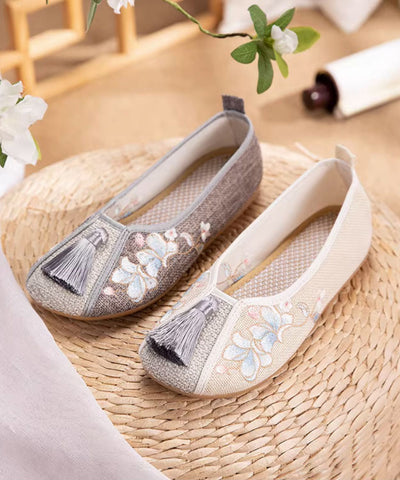 Boho Weiße Quastenstickerei Leinenstoff Plattfußschuhe