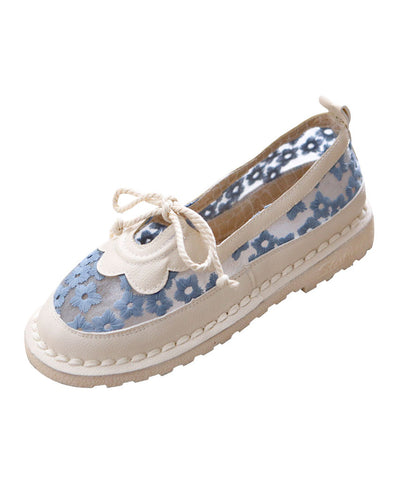 Beige Flache Füße Schuhe Spleißen Lace Up Aushöhlen Stickerei