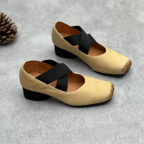 Women Retro Leather Chunky Heel Casual Shoes
